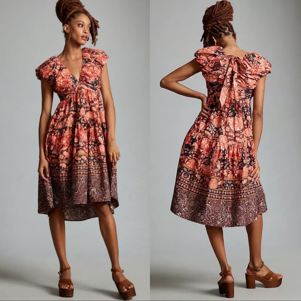 Anthropologie Printed V neck babydoll pockets midi